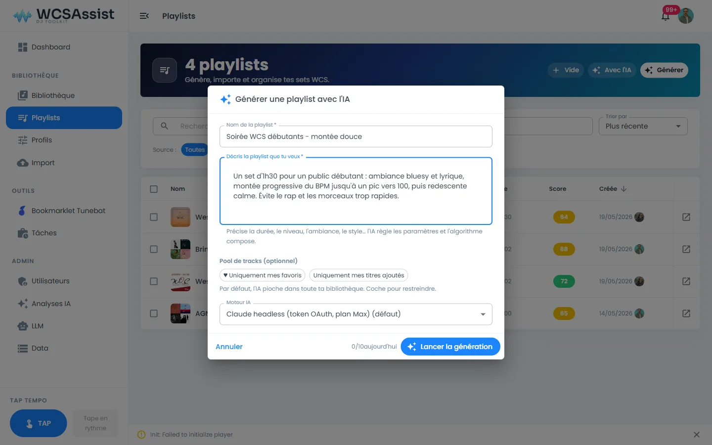 WCSAssist — fenêtre de génération de playlist par IA en langage naturel