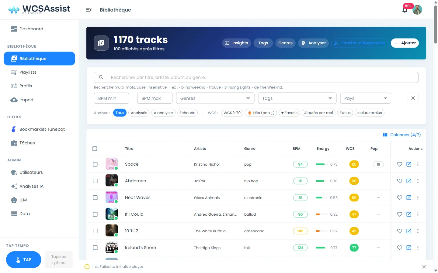 WCSAssist — bibliothèque musicale filtrable avec analyse audio